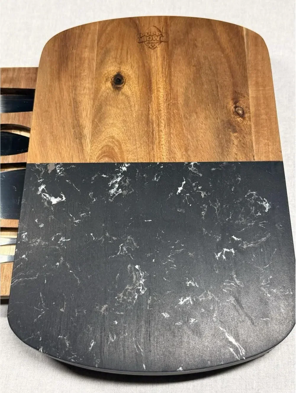 Puppy Bowl Black Marble And Wood‎ Charcuterie Cheese Board Set 4 Piece Utensils